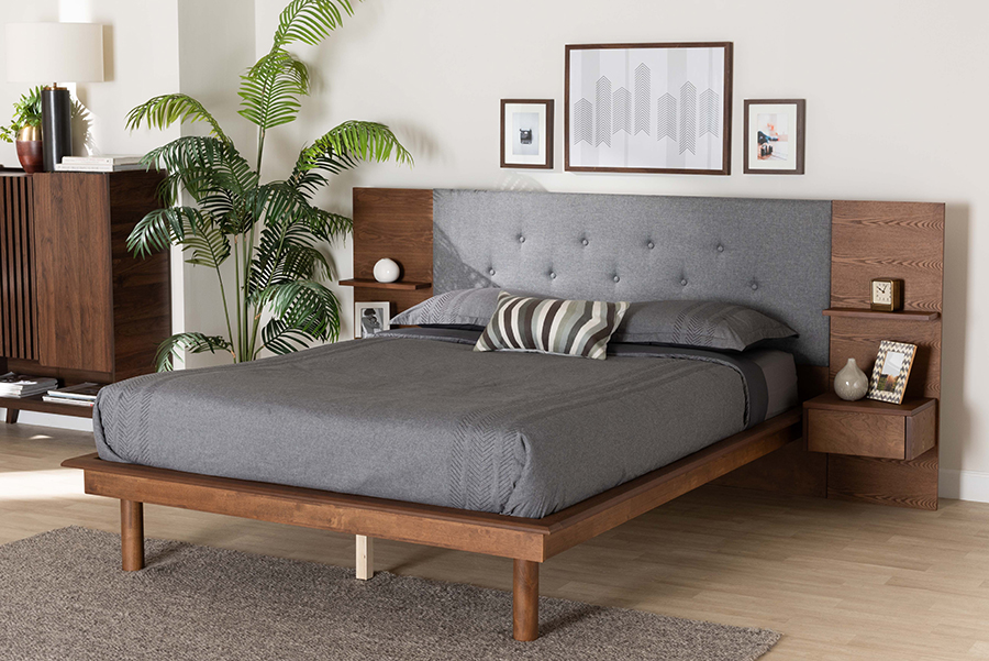 Eliana Mid-Century Modern Transitional Grey Fabric & Ash Walnut Finished Wood Platform Storage Bed with Built-In Nightstands - Queen Size -  Baxton Studio, 193271290611