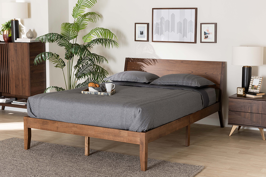 193271385140 Salvatore Mid-Century Modern Walnut Brown Finished Wood Platform Bed - Queen Size