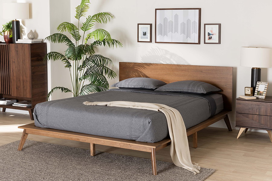 193271385324 Wheatley Mid-Century Modern Walnut Brown Finished Wood Platform Bed - Queen Size