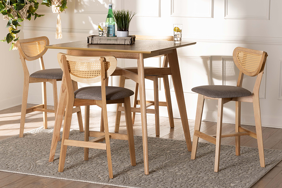 193271392087 Dannell Mid-Century Modern Grey Fabric & Natural Oak Finished Wood Pub Set - 5 Piece