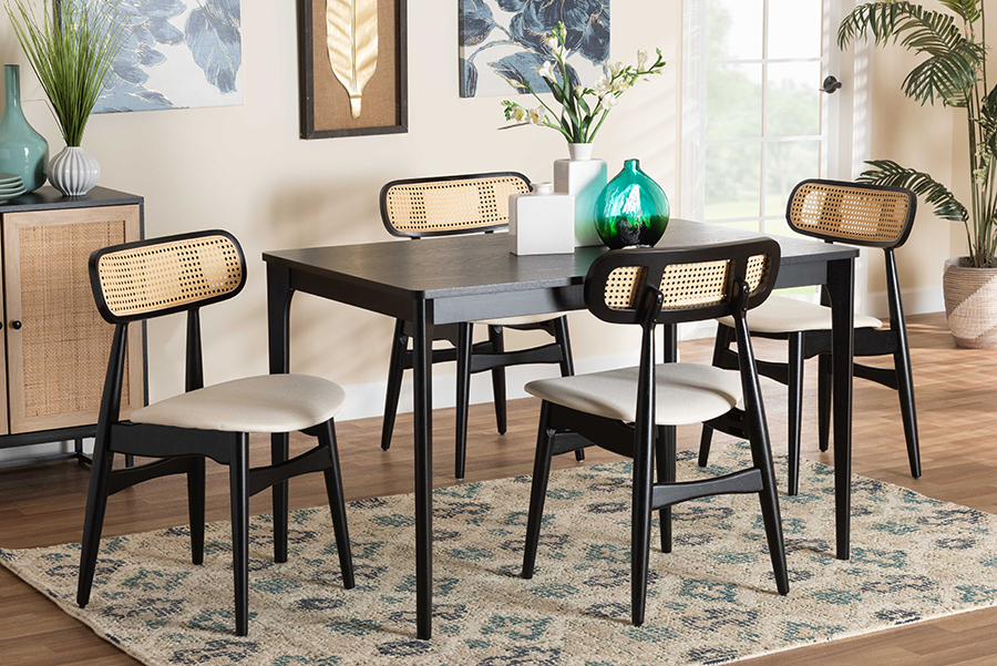 193271391875 Tarana Mid-Century Modern Cream Fabric & Black Finished Wood Dining Set - 5 Piece -  Baxton Studio