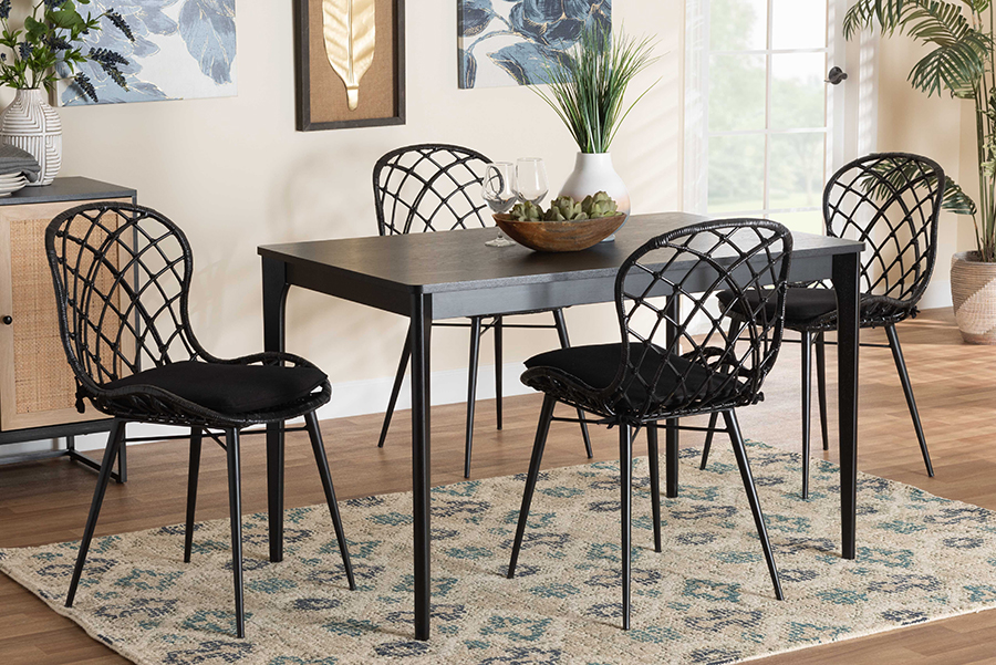 193271396986 Sabelle Modern Bohemian Black Finished Wood & Rattan Dining Set - 5 Piece -  Baxton Studio