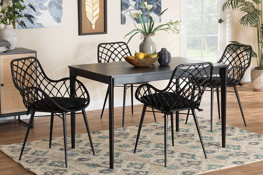 193271397013 Ballerina Modern Bohemian Black Finished Wood & Rattan Dining Set - 5 Piece -  Baxton Studio