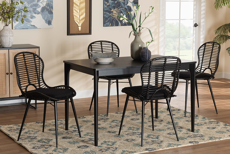 193271397051 Brenna Modern Bohemian Black Finished Wood & Rattan Dining Set - 5 Piece -  Baxton Studio