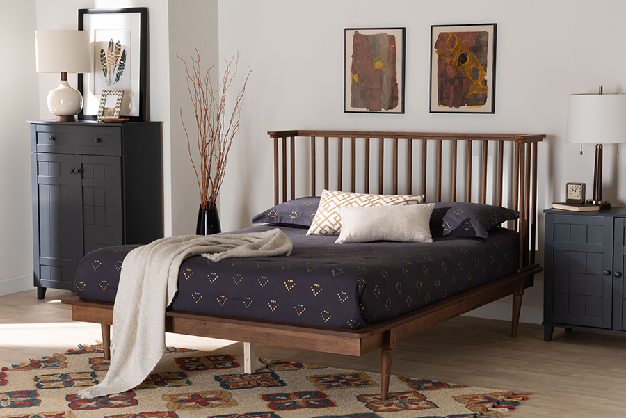 193271290901 43.3 x 66.4 x 86.5 in. Flint Mid-Century Modern Wood Queen Size Platform Bed, Ash Walnut -  Baxton Studio