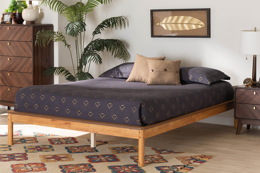 193271290963 14 x 59.1 x 81.3 in. Efren Mid-Century Modern Wood Full Size Bed Frame, Honey Oak -  Baxton Studio