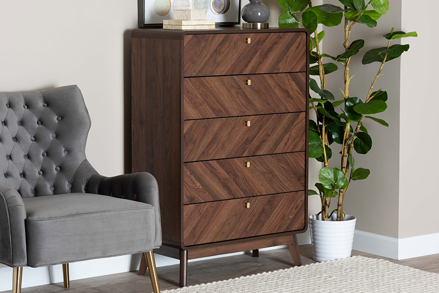 193271390410 47.2 x 31.5 x 15.7 in. Markell Mid-Century Modern Transitional Wood 5-Drawer Storage Chest, Walnut Brown & Gold