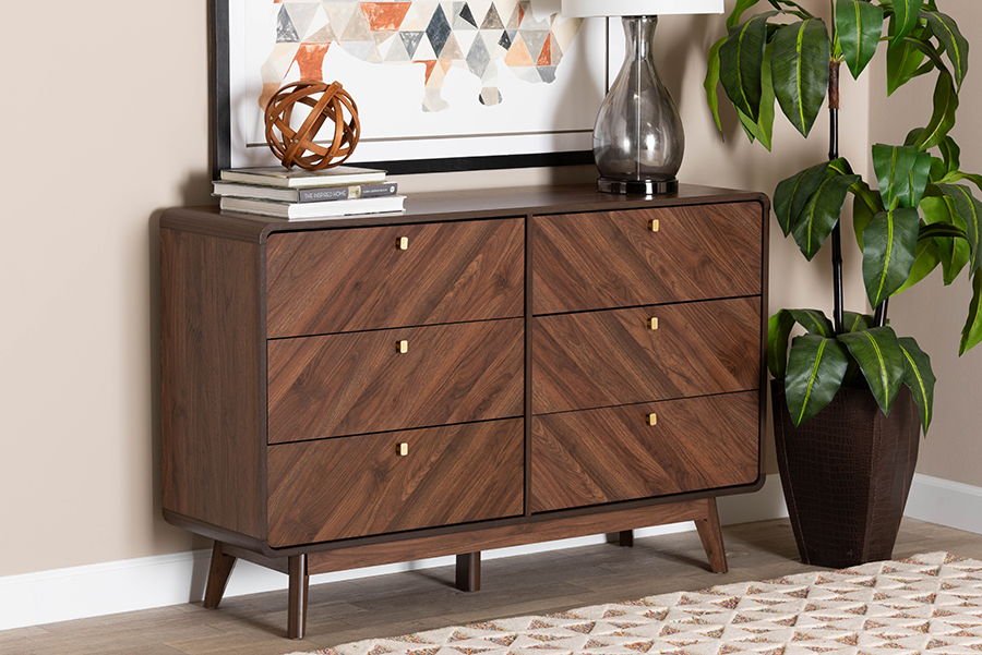 193271390427 33.1 x 51.4 x 15.7 in. Markell Mid-Century Modern Transitional Wood 6-Drawer Dresser, Walnut Brown & Gold