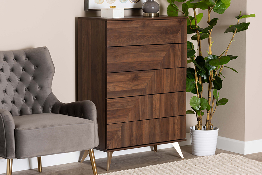 193271390472 45.9 x 31.5 x 15.7 in. Graceland Mid-Century Modern Transitional Wood 5-Drawer Storage Chest, Walnut Brown & Gold