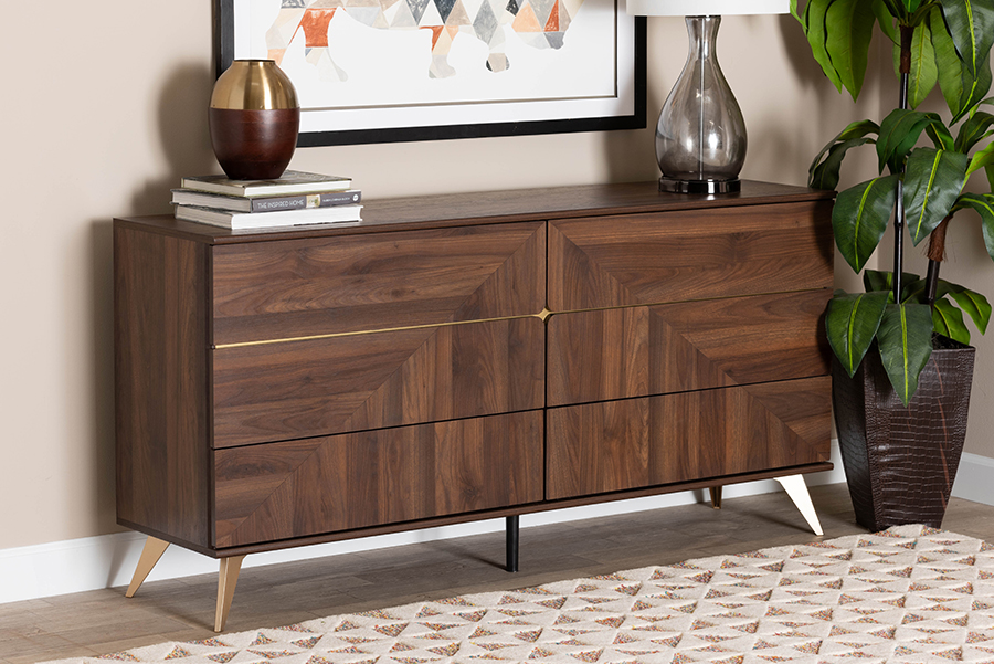 193271390489 30.4 x 62.4 x 15.7 in. Graceland Mid-Century Modern Transitional Wood 6-Drawer Dresser, Walnut Brown & Gold