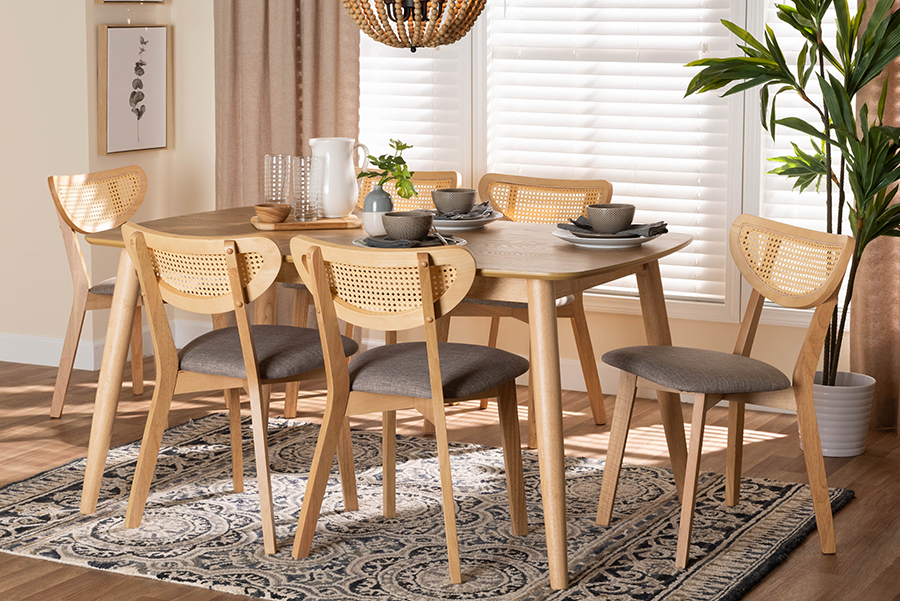 193271391967 29.5 x 47.2 x 29.9 in. Dannell Mid-Century Modern Fabric & Wood 7 Piece Dining Set, Grey & Natural Oak - Light Brown