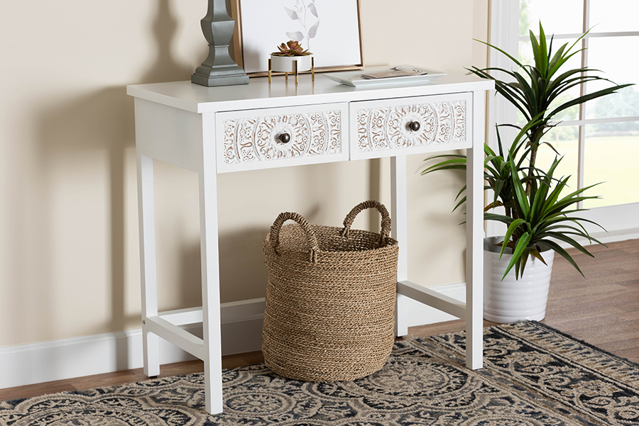 193271394449 31.5 x 33.5 x 17.7 in. Yelena Classic & Traditional Wood 2-Drawer Console Table, White & Chrome -  Baxton Studio