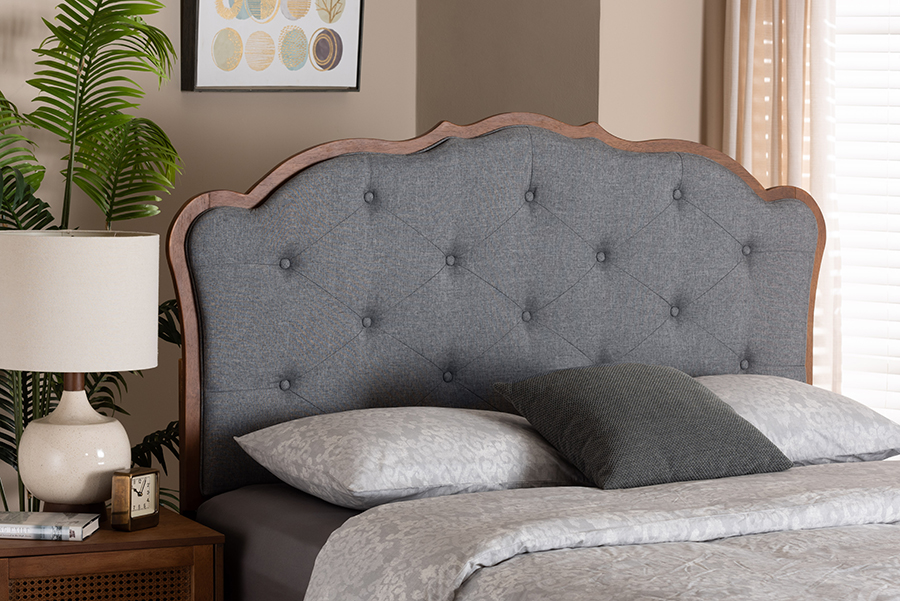 193271284535 60 x 80.9 x 1.4 in. Leandra Classic & Traditional Fabric & Wood King Size Headboard, Grey & Walnut Brown -  Baxton Studio