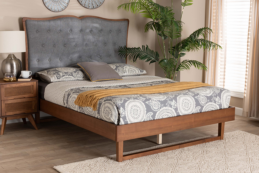 193271324163 60 x 64 x 82.5 in. Padilla Classic & Traditional Fabric & Wood Queen Size Platform Bed, Grey & Walnut Brown -  Baxton Studio