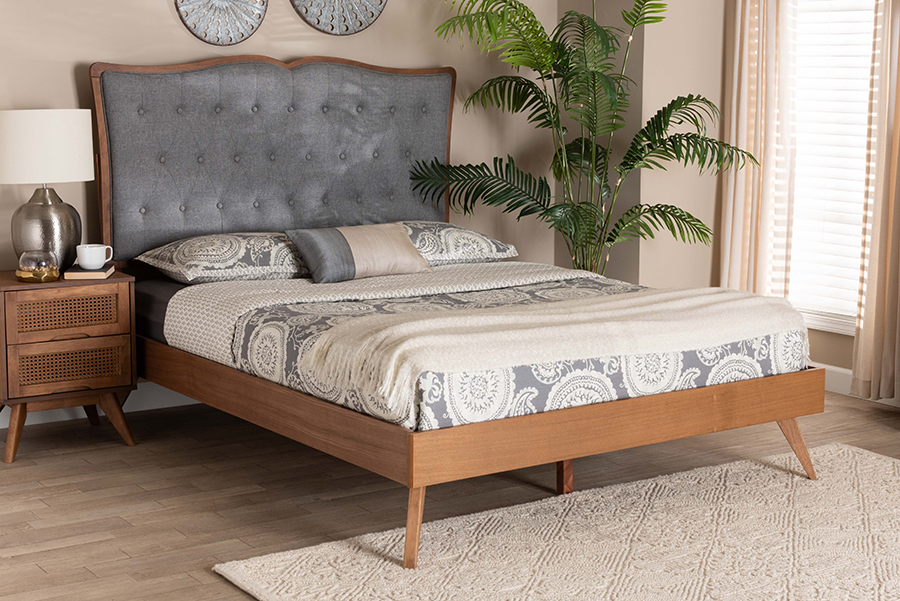 193271324231 60 x 80.9 x 82.5 in. Hawthorn Classic & Traditional Fabric & Wood King Size Platform Bed, Grey & Walnut Brown -  Baxton Studio