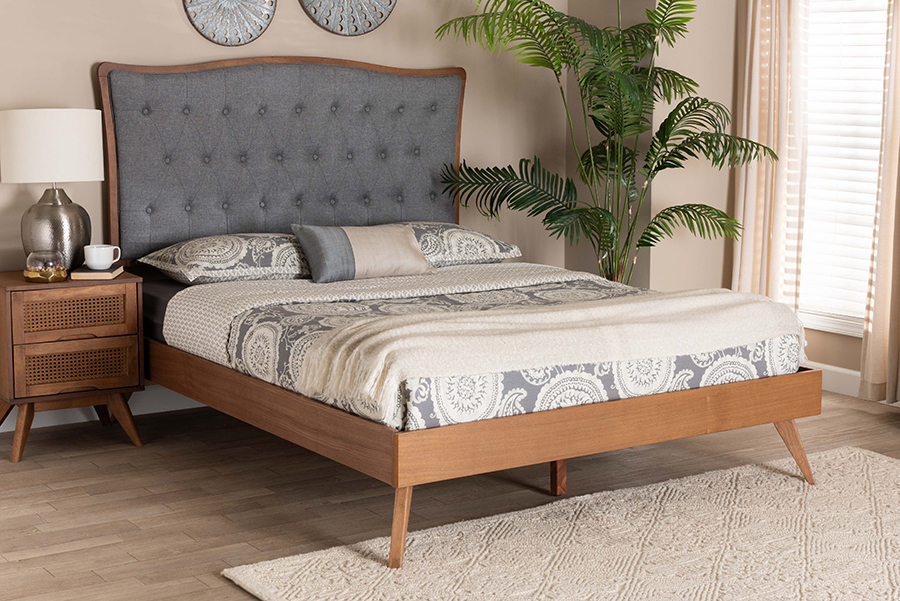 193271325658 60 x 80.9 x 82.5 in. Malle Classic & Traditional Fabric & Wood King Size Platform Bed, Grey & Walnut Brown -  Baxton Studio