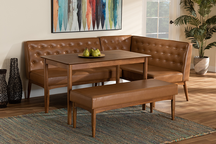 193271175475 4 Piece Riordan Mid-Century Modern Tan Faux Leather Upholstered & Walnut Brown Finished Wood Dining Nook Set
