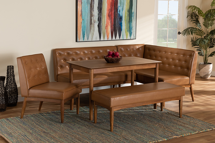 193271175482 5 Piece Riordan Mid-Century Modern Tan Faux Leather Upholstered & Walnut Brown Finished Wood Dining Nook Set