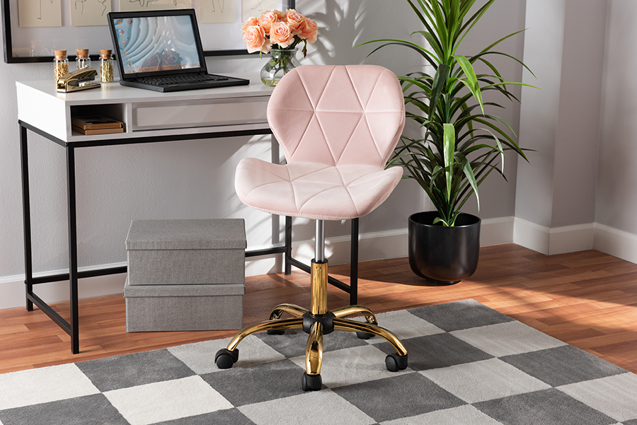 Picture of Bali & Pari 193271204441 16.5 x 23.75 x 32.5-37.6 in. Savara Contemporary Glam & Luxe Blush Pink Velvet Fabric & Gold Metal Swivel Office Chair