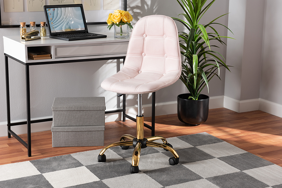 Picture of Bali & Pari 193271204472 16.5 x 23.75 x 32.5-37.6 in. Kabira Contemporary Glam & Luxe Blush Pink Velvet Fabric & Gold Metal Swivel Office Chair