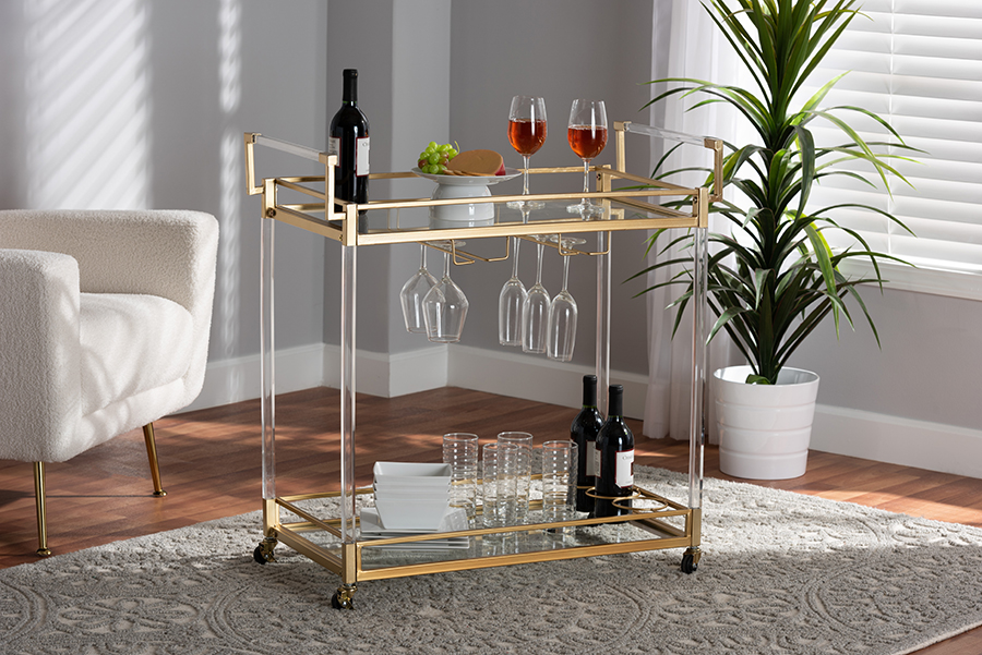 Picture of Bali & Pari 193271263271 32.7 x 15.9 x 33.5 in. Savannah Contemporary Glam & Luxe Gold Metal & Clear Glass Wine Cart