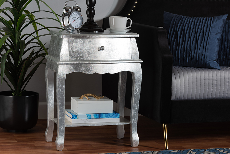 Picture of Bali & Pari 193271265305 19.7 x 12.6 x 25.6 in. Harriet Classic & Traditional Silver Finished Wood 1-Drawer End Table