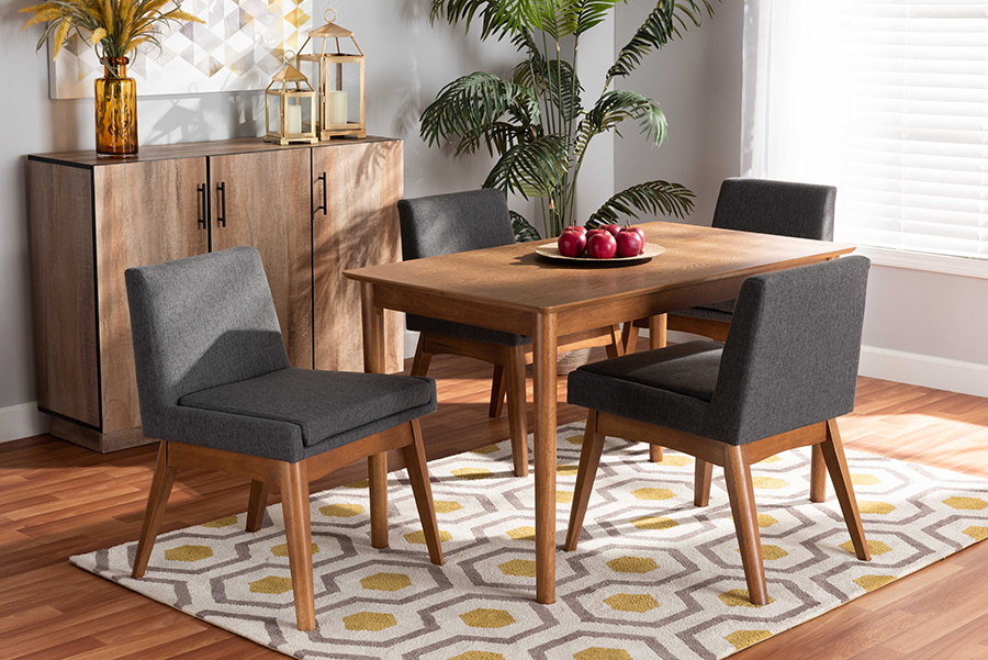 193271271986 5 Piece Nexus Mid-Century Modern Dark Gray Fabric Upholstered & Walnut Brown Finished Wood Dining Set -  Baxton Studio