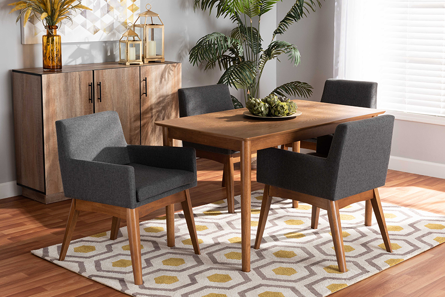 193271272013 5 Piece Dorina Mid-Century Modern Dark Gray Fabric Upholstered & Walnut Brown Finished Wood Dining Set -  Baxton Studio