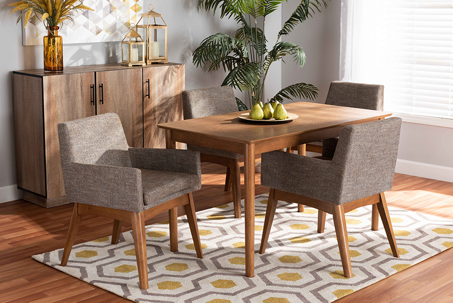 193271272020 5 Piece Dorina Mid-Century Modern Gravel Fabric Upholstered & Walnut Brown Finished Wood Dining Set