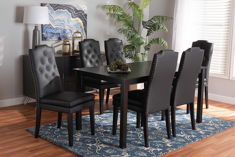 193271272051 7 Piece Dylin Modern & Contemporary Black Faux Leather Upholstered & Dark Brown Finished Wood Dining Set -  Baxton Studio