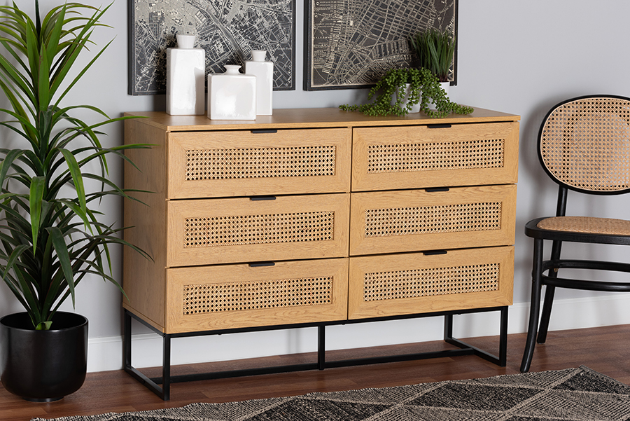 193271355778 47.2 x 15.7 x 32.7 in. Sawyer Mid-Century Modern & Industrial Oak Brown Wood & Black Metal 6-Drawer Storage Cabinet with Natural Rattan -  Baxton Studio