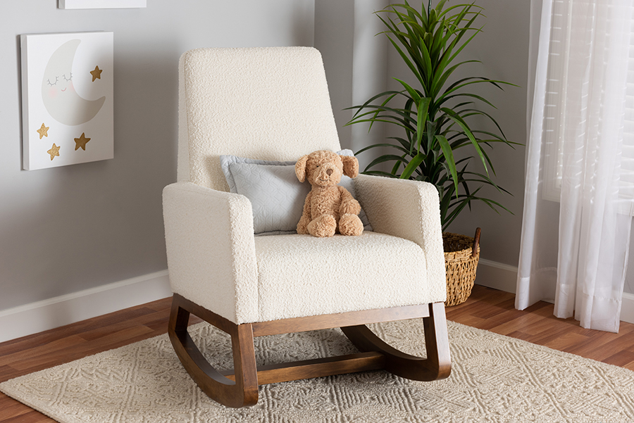 Picture of Baxton Studio 193271356034 26.4 x 37.6 x 37.6 in. Yashiya Mid-Century Modern Off-White Boucle Upholstered & Walnut Brown Finished Wood Rocking Chair
