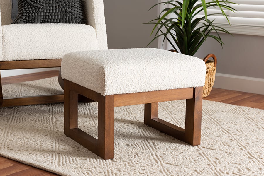 193271356041 21.3 x 19.1 x 16.5 in. Yashiya Mid-Century Modern Off-White Boucle Upholstered & Walnut Brown Finished Wood Ottoman Footstool -  Baxton Studio