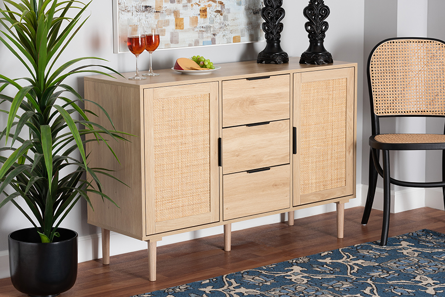 Picture of Baxton Studio 193271356324 47.2 x 15.7 x 31.5 in. Harrison Mid-Century Modern Natural Brown & Black Wood & Natural Rattan 3-Drawer Sideboard