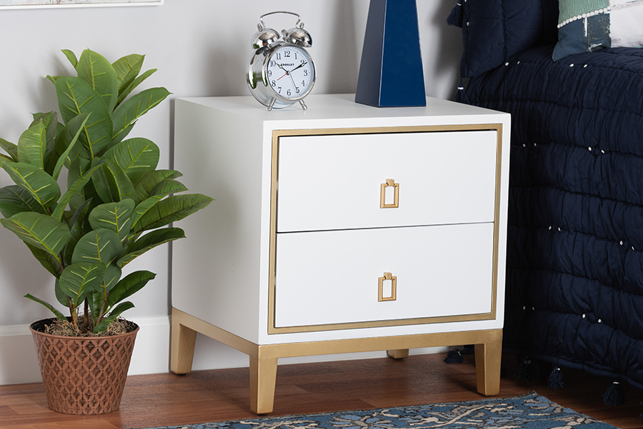 193271356393 19.7 x 15.7 x 20.9 in. Donald Modern Glam & Luxe White Finished Wood & Gold Metal 2-Drawer End Table -  Baxton Studio