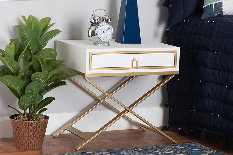 193271356416 19.7 x 15.7 x 19.7 in. Lilibet Modern Glam & Luxe White Finished Wood & Gold Metal 1-Drawer End Table -  Baxton Studio