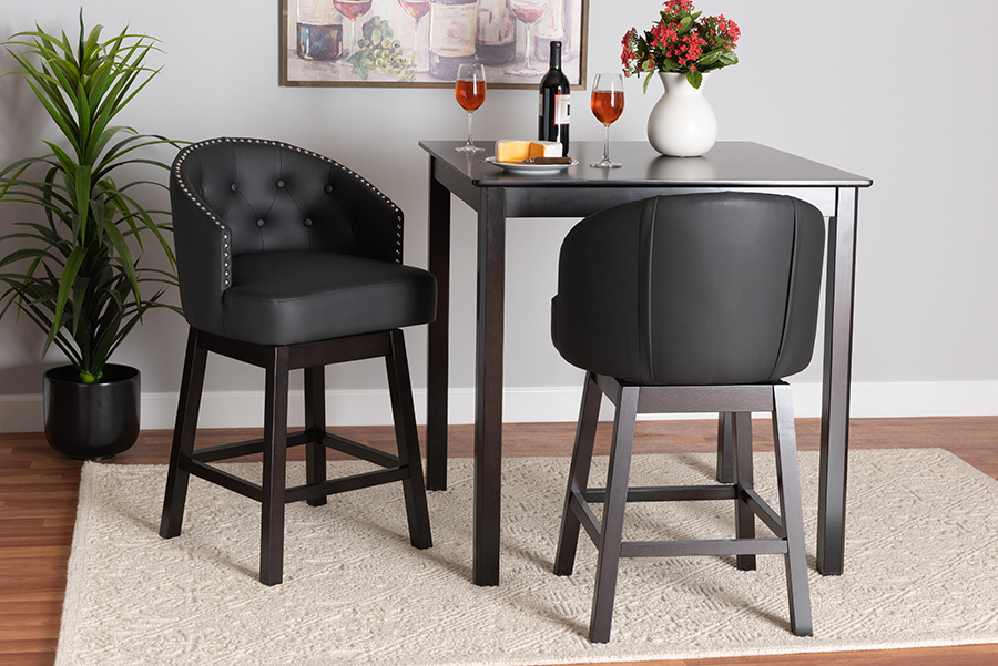21.7 x 21.7 x 37.2 in. 2 Piece Theron Mid-Century Transitional Black Faux Leather & Espresso Brown Finished Wood Swivel Counter Stool Set