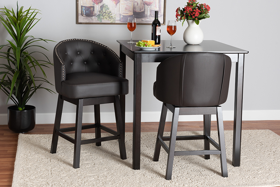 21.7 x 21.7 x 37.2 in. 2 Piece Theron Mid-Century Transitional Dark Brown Faux Leather & Espresso Brown Finished Wood Swivel Counter Stool Set