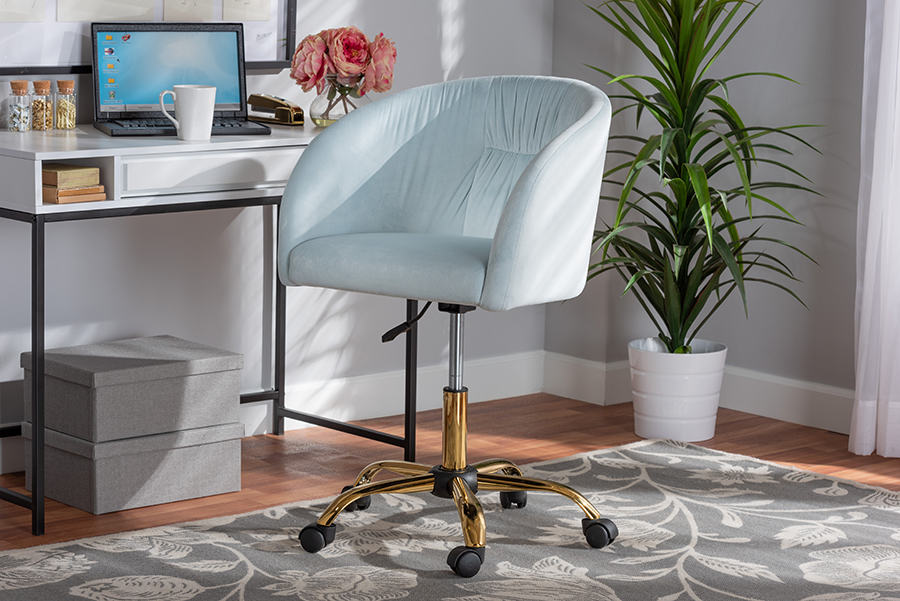 Picture of Bali & Pari 193271211500 20.5 x 24.5 x 31.5-36.6 in. Ravenna Contemporary Glam & Luxe Aqua Velvet Fabric & Gold Metal Swivel Office Chair