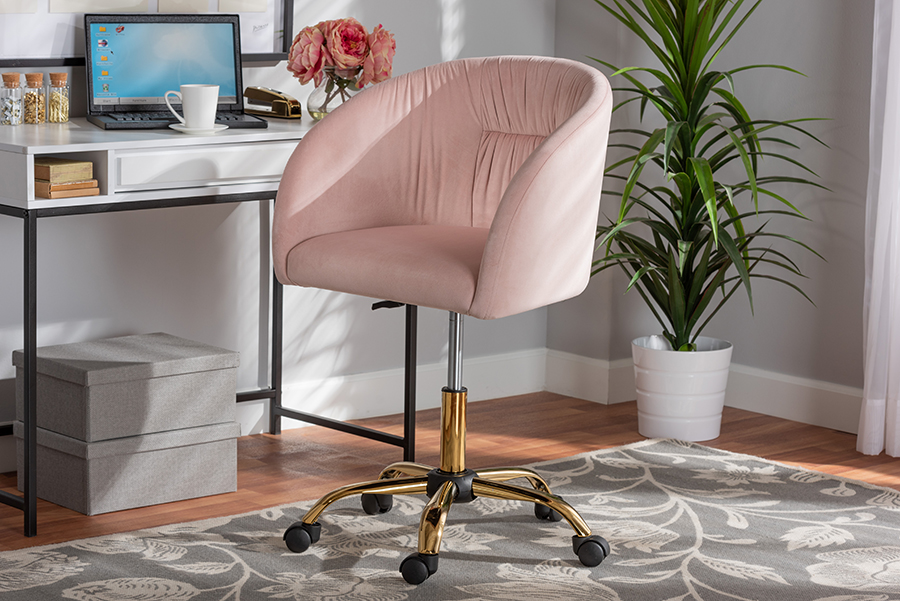 Picture of Bali & Pari 193271211517 20.5 x 24.5 x 31.5-36.6 in. Ravenna Contemporary Glam & Luxe Blush Pink Velvet Fabric & Gold Metal Swivel Office Chair