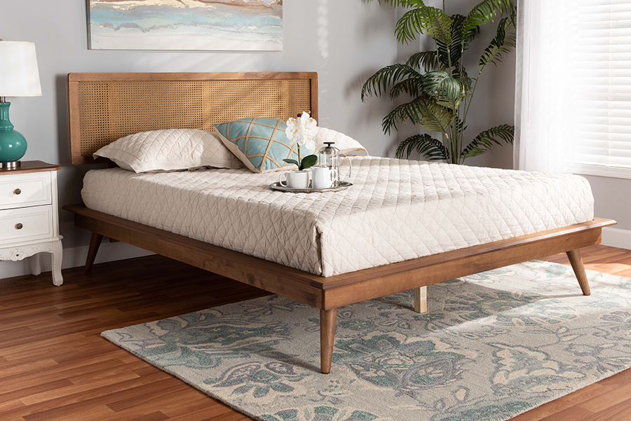 193271289097 38.78 x 83.3 x 86.5 in. Nura Mid-Century Modern Walnut Brown Finished Wood & Synthetic Rattan King Size Platform Bed -  Baxton Studio