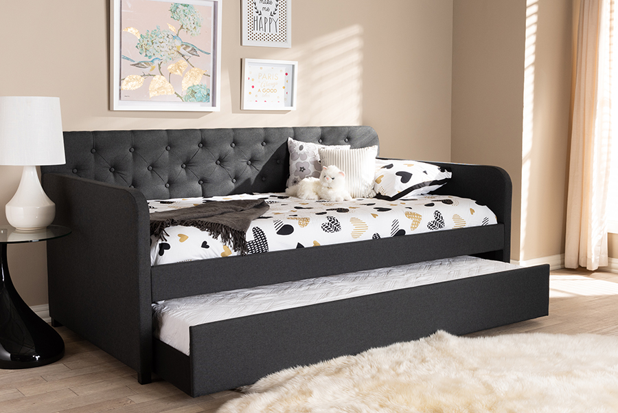 Picture of Baxton Studio 842507158736 36.42 x 81.89 x 42.72 in. Camelia Modern & Contemporary Charcoal Gray Fabric Upholstered Button-Tufted Twin Size Sofa Daybed with Roll-Out Trundle Guest Bed
