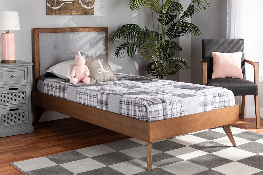 193271291045 40.9-51 x 40.55 x 78.3 in. Laima Mid-Century Modern Light Gray Fabric Upholstered & Walnut Brown Wood Twin Size Platform Bed