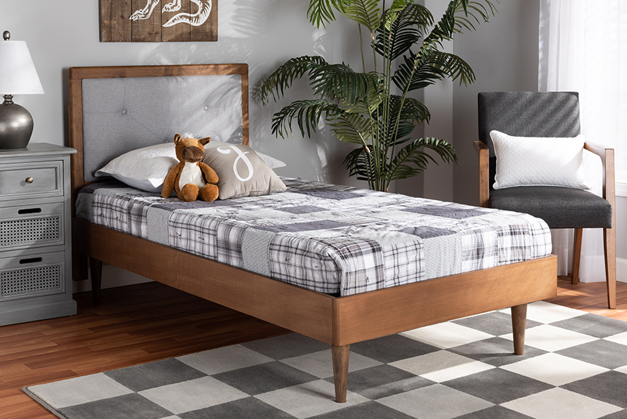 193271291069 40.9-51 x 40.55 x 79.1 in. Saul Mid-Century Modern Light Gray Fabric Upholstered & Walnut Brown Wood Twin Size Platform Bed