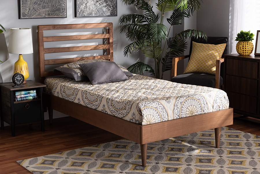 193271170159 58.1 x 40.55 x 78.2 in. Ryo Mid-Century Modern & Transitional Walnut Brown Wood Twin Size Platform Bed