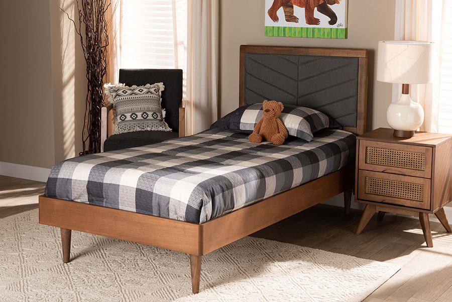 193271295340 Tasha Mid-Century Modern Dark Gray Fabric Upholstered & Walnut brown Wood Twin Size Platform Bed