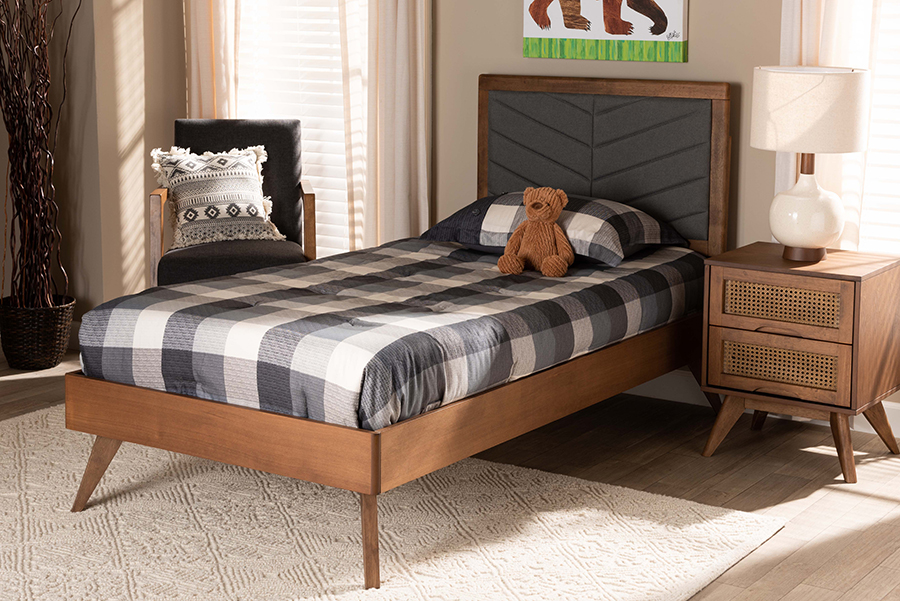 193271295357 Roze Mid-Century Modern Dark Gray Fabric Upholstered & Walnut brown Wood Twin Size Platform Bed