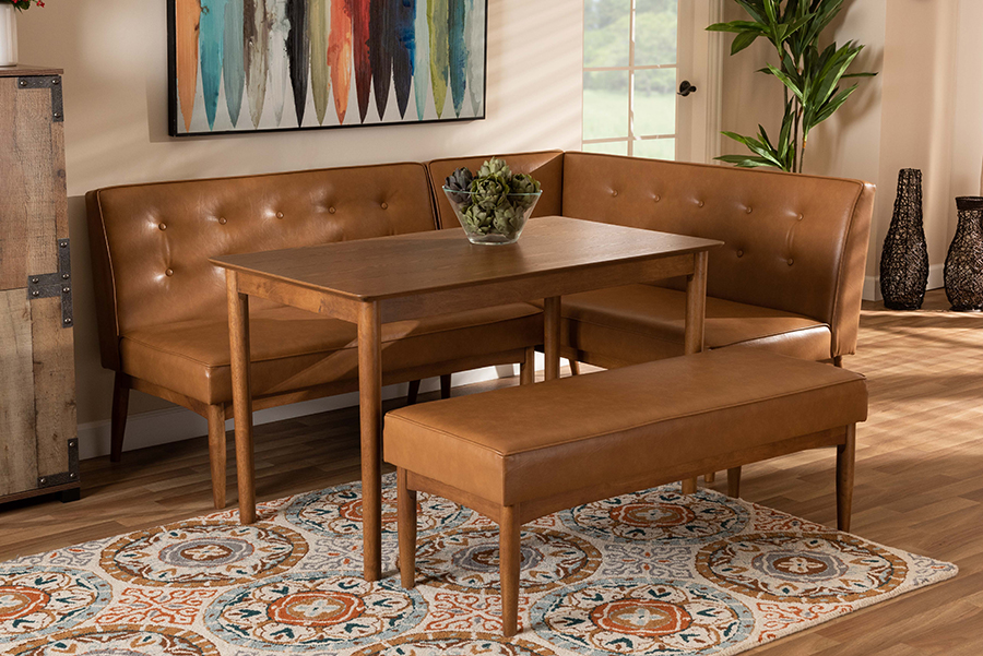 193271126576 4 Piece Arvid Mid-Century Modern Tan Faux Leather Upholstered & Walnut Brown Finished Wood Dining Nook Set