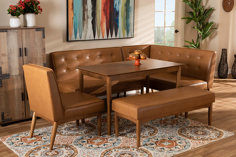 193271126583 5 Piece Arvid Mid-Century Modern Tan Faux Leather Upholstered & Walnut Brown Finished Wood Dining Nook Set