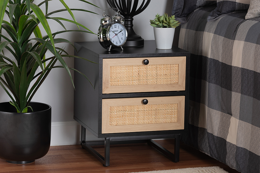Picture of Bali & Pari 193271259021 15.7 x 15.7 x 18.7 in. Declan Mid-Century Modern Espresso Brown & Black Finished Wood & Natural Rattan 2-Drawer End Table